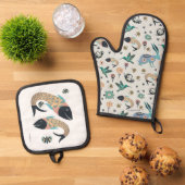 フォークアートのミットとフィッシュアートのポットホルダー 鍋つかみ&鍋敷きセット (トップダウン)