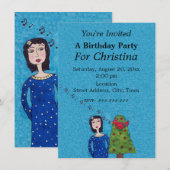 フォークアートの女性とリンゴの木の歌う赤い鳥 青 招待状 (正面/裏面)