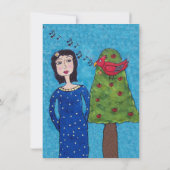 フォークアートの女性とリンゴの木の歌う赤い鳥 青 招待状 (裏面)