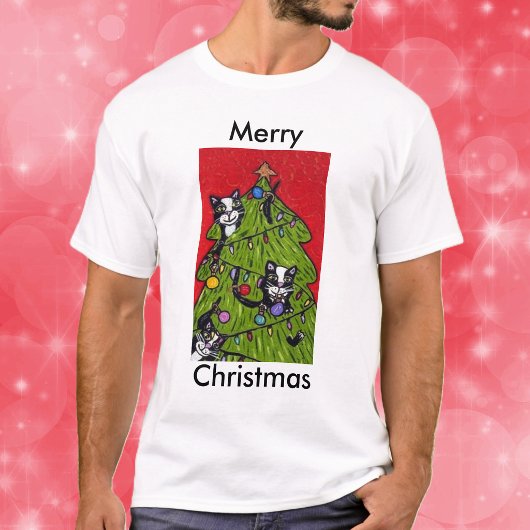 フォークアートの猫のクリスマスツリー Tシャツ