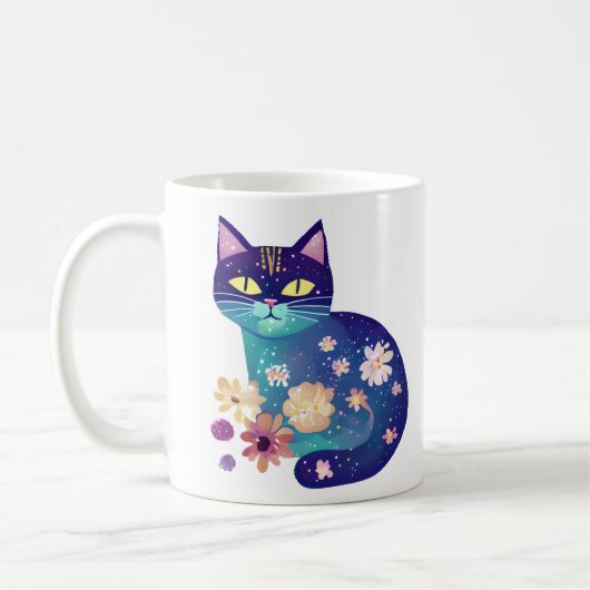 フォークアートの花と猫の母 コーヒーマグカップ (左)