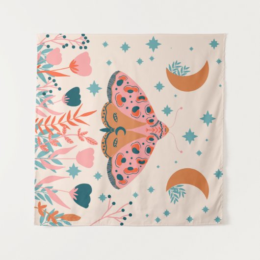 フォークアートの蛾:明るいヴィンテージイラストレーション タペストリー (正面(横))