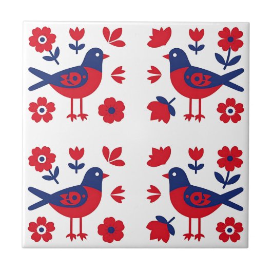 フォークアートの赤と青の鳥の花柄 タイル (正面)