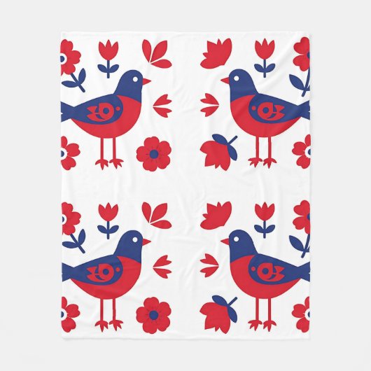 フォークアートの赤と青の鳥の花柄 フリースブランケット (正面)