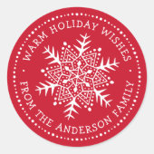 フォークアートの雪の結晶の暖かい冬の願い赤 ラウンドシール (正面)