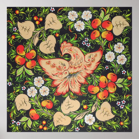 フォークアートのFhoenixロシアの firebird artのkhokhloma ポスター (正面)