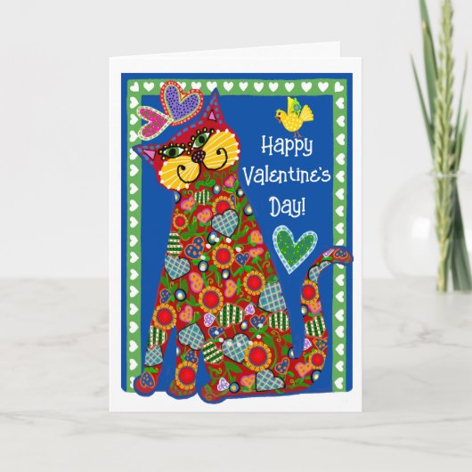 フォークアートを猫から畳んだバレンタインデー シーズンカード (正面)