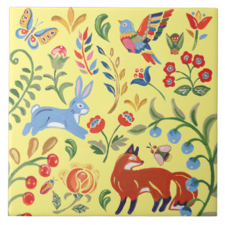 フォークアートイエローアニマルウッドランドフローラキツネウサギ タイル
