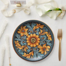 フォークアートインスパイア陶器黄色、錆、海軍 ペーパープレート