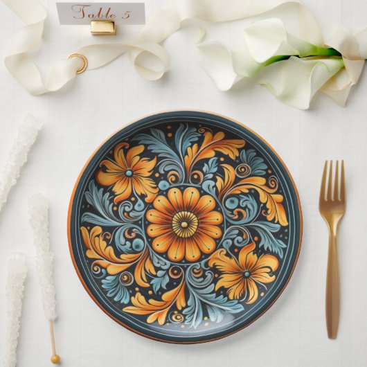 フォークアートインスパイア陶器黄色、錆、海軍 ペーパープレート (ウェディング)