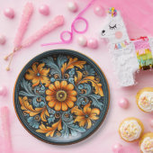 フォークアートインスパイア陶器黄色、錆、海軍 ペーパープレート (パーティー)