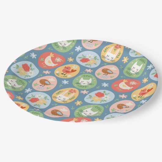 フォークアートイースターエッグキャット、バニー、シック・イースター ペーパープレート (アングル)