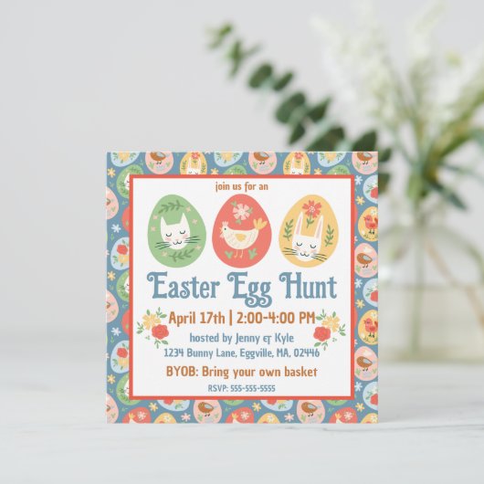 フォークアートイースターエッグキャット、バニー、シック・イースター 招待状 (スタンド正面)