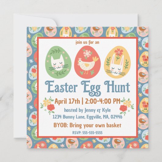 フォークアートイースターエッグキャット、バニー、シック・イースター 招待状 (正面)