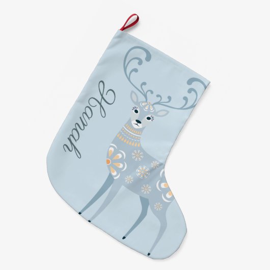 フォークアートウィンターディアーパーソナライズされた ラージクリスマスストッキング (正面 (吊り時))