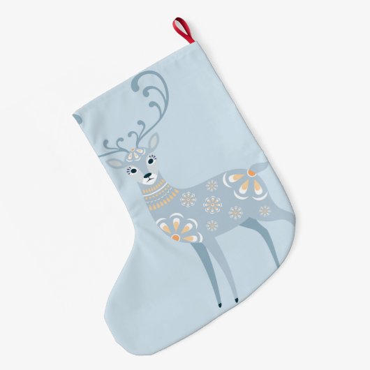 フォークアートウィンターディアーパーソナライズされた ラージクリスマスストッキング (裏面 (吊り時))