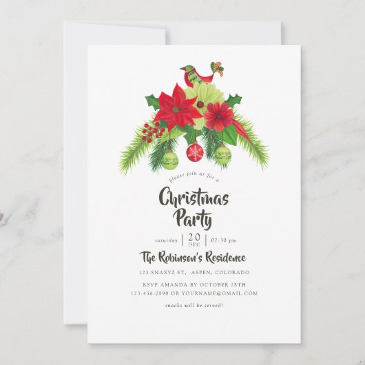 フォークアートウォーターカラーフローラクリスマスパーティー 招待状 (正面)
