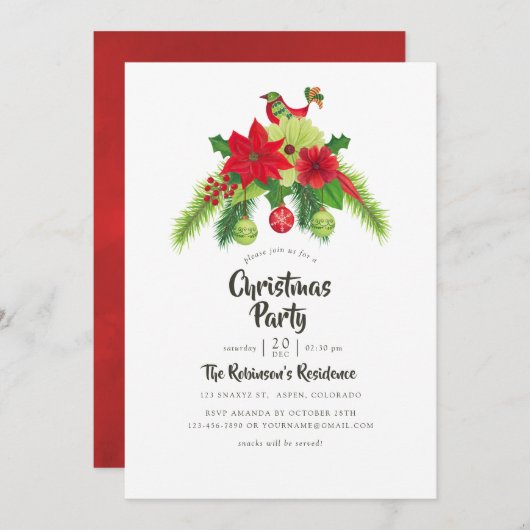 フォークアートウォーターカラーフローラクリスマスパーティー 招待状 (正面/裏面)