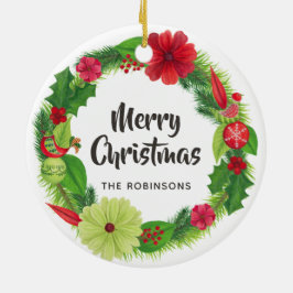 フォークアートウォーターカラーフローラクリスマスファミリーフォト セラミックオーナメント