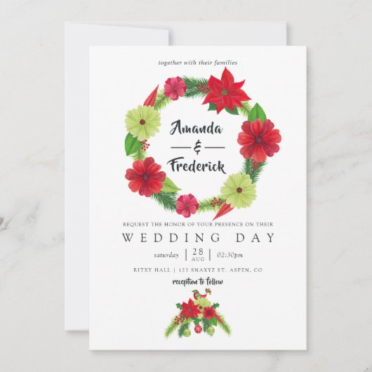 フォークアートウォーターカラーフローラクリスマス結婚ズ 招待状 (正面)