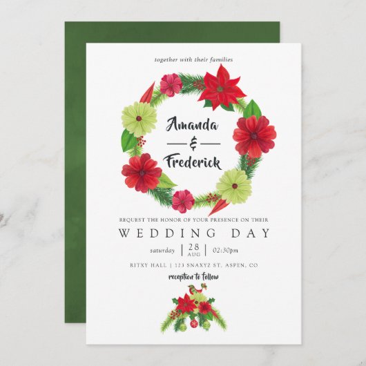 フォークアートウォーターカラーフローラクリスマス結婚ズ 招待状 (正面/裏面)