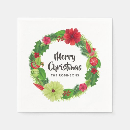 フォークアートウォーターカラーフローラクリスマス スタンダードカクテルナプキン (正面)