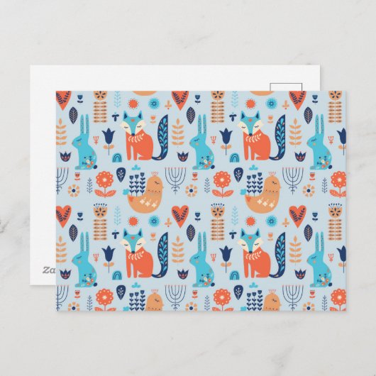 フォークアートウッドランド動物模様 シーズンポストカード (正面/裏面)