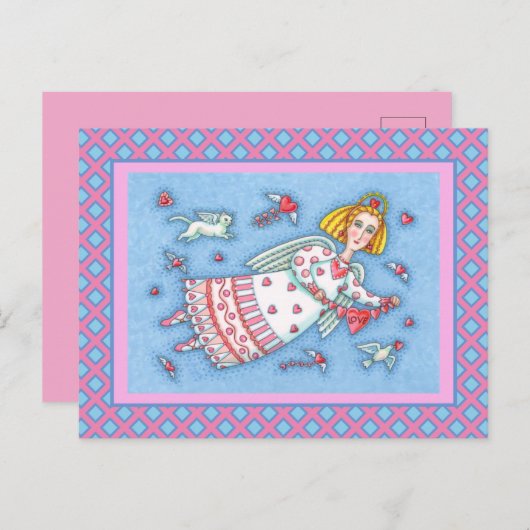 フォークアートエンジェル、猫とハート飛んでいるバレンタイン シーズンポストカード (正面/裏面)