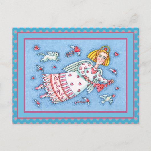 フォークアートエンジェル、猫とハート飛んでいるバレンタイン シーズンポストカード (正面)