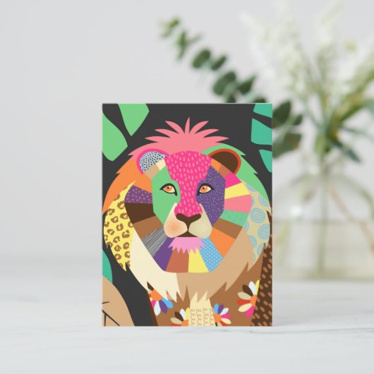 フォークアートカラフルジャングルライオンアニマルポートレート ポストカード (スタンド正面)