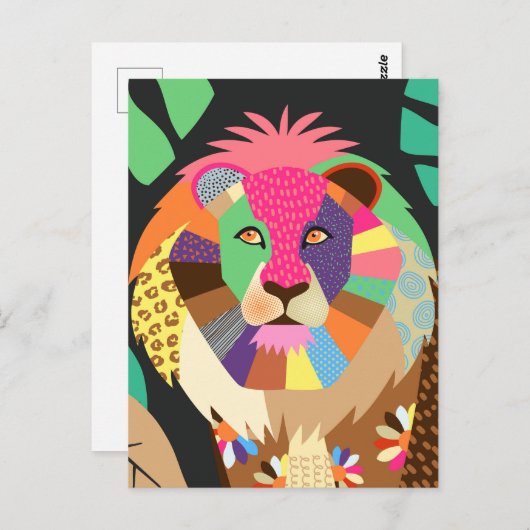 フォークアートカラフルジャングルライオンアニマルポートレート ポストカード (正面/裏面)