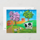 フォークアートカラフル牛と絵画羊 ポストカード (正面/裏面)