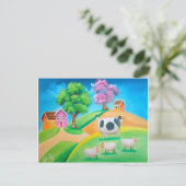 フォークアートカラフル牛と絵画羊 ポストカード (スタンド正面)