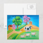 フォークアートカラフル牛と絵画羊 ポストカード (正面/裏面)