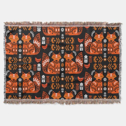 フォークアートキツネアンドヘン スローブランケット (正面)