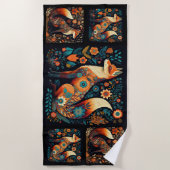 フォークアートキツネ ビーチタオル (正面)