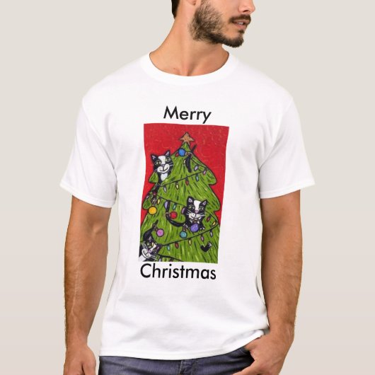フォークアートキャッツクリスマスツリー Tシャツ (正面)