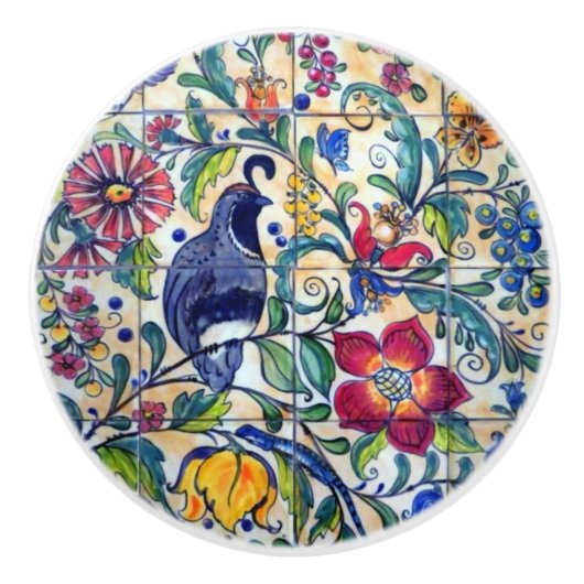 フォークアートクエイルリザードフローラカラフルサウスウエスト セラミックノブ (正面)