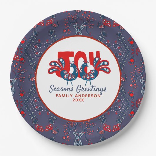 フォークアートクリスマススススススカンジナビア鳥レッドブルー ペーパープレート (正面)