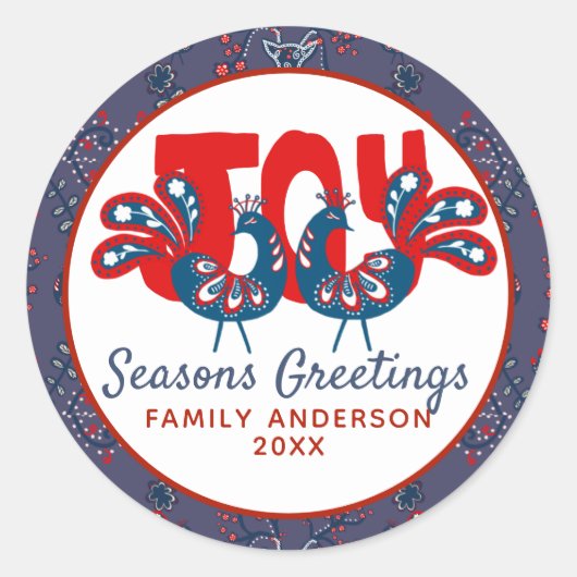 フォークアートクリスマススススススカンジナビア鳥レッドブルー ラウンドシール (正面)