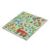 フォークアートグリーンアニマルウッドランドフローラキツネウサギ タイル (側面)