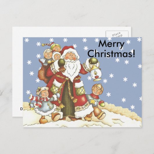 フォークアートサンタキッズクリスマススノーフレーク シーズンポストカード (正面/裏面)