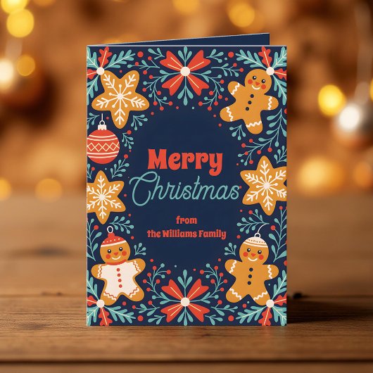 フォークアートジンガーブレッド&スノーフレーククリスマスホリデー カード