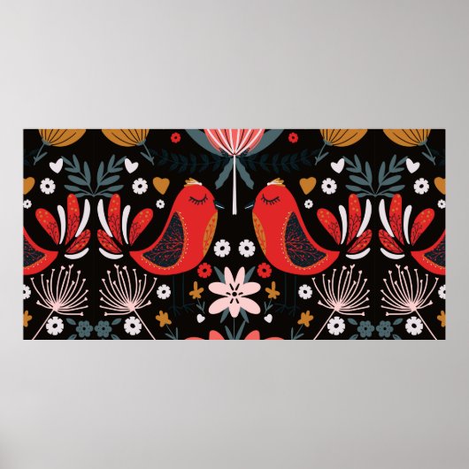 フォークアートスカンジナビアカラフルパターンとフローラ ポスター (正面)