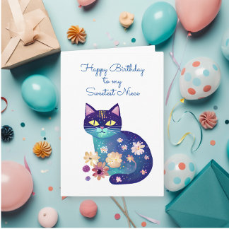 フォークアートスタイルキャットアンドフラワーズ姪の誕生日 カード