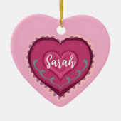 フォークアートスタイルピンクハート飾オーナメント セラミックオーナメント (正面)
