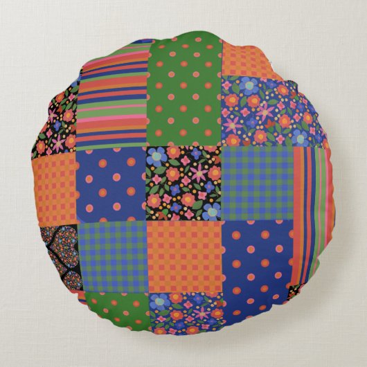 フォークアートスタイルフェイクパッチワークラウンド装飾用クッション ラウンドクッション (裏面)