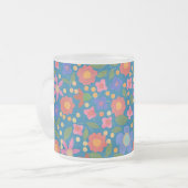 フォークアートスタイルフローラオンブルーガラスコーヒーマグ フロストグラスマグカップ (正面左)