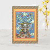 フォークアートディアー秋の森、鳥の巣&月 カード (黄色い花)