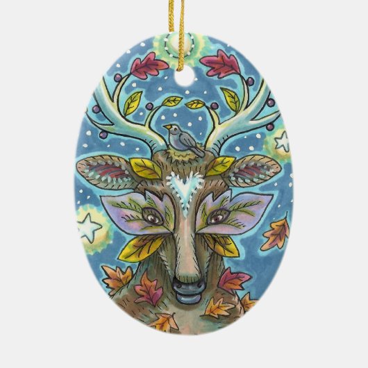 フォークアートディアー秋の森、鳥の巣&月 セラミックオーナメント (裏面)